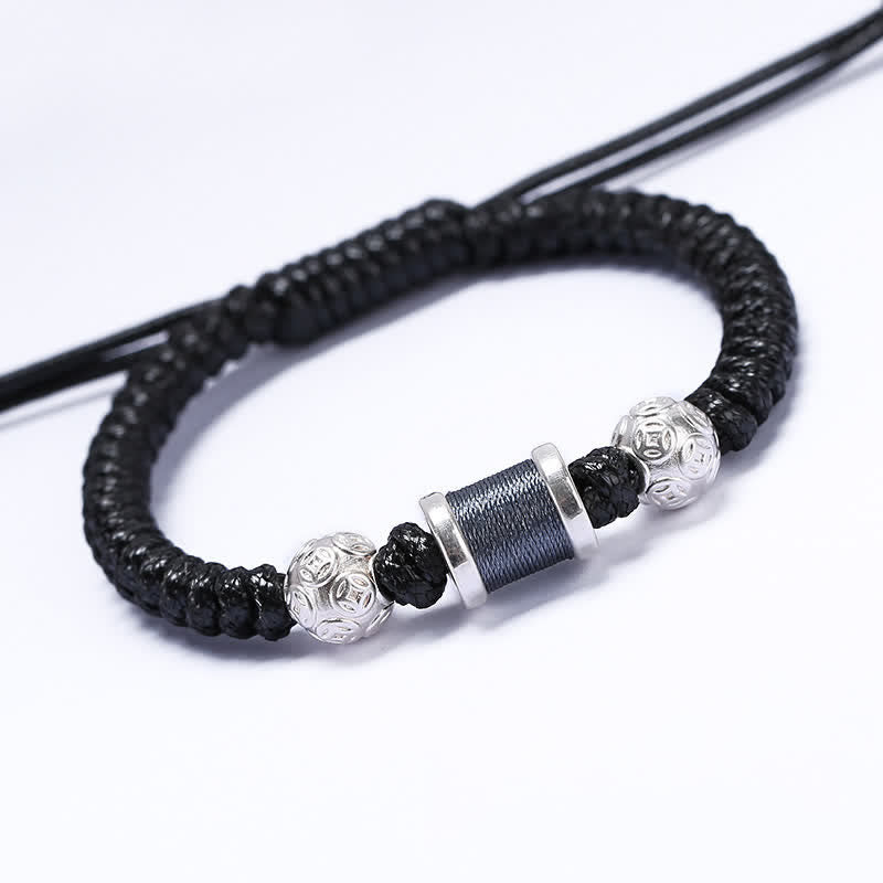 Buddha Stones999 スターリングシルバー 銅コインビーズ 銅バランス編み紐ブレスレット