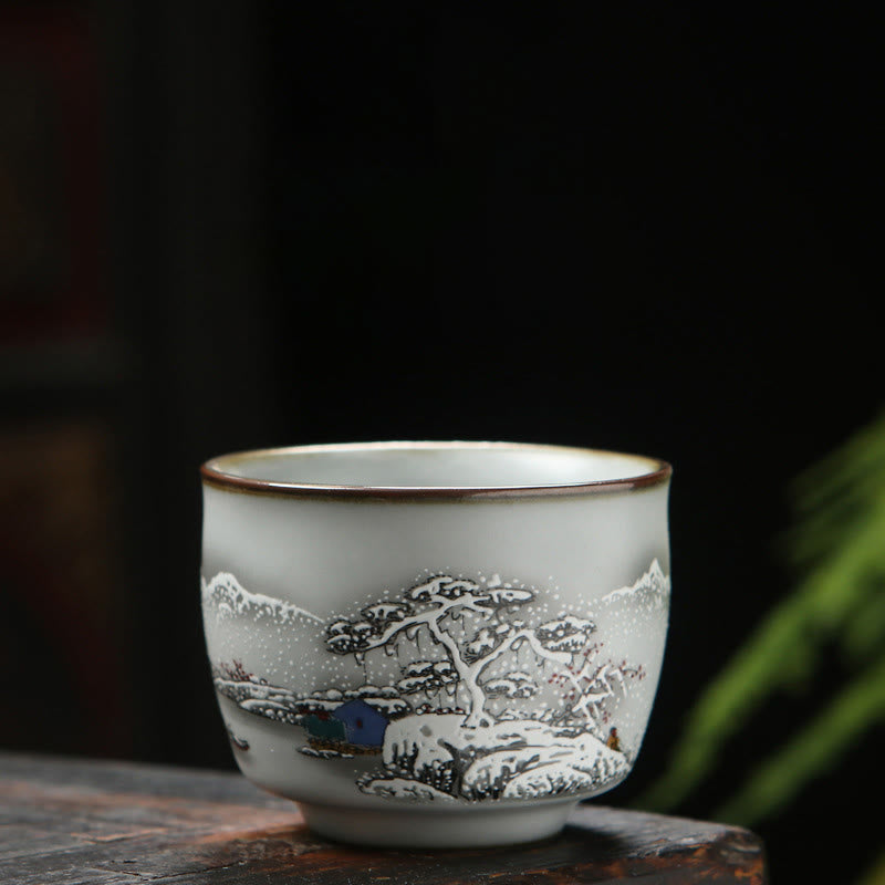 Buddha Stones、ビワ、ライチ、雪景色、ブドウ、リンゴ、陶器のティーカップ、カンフーティーカップ