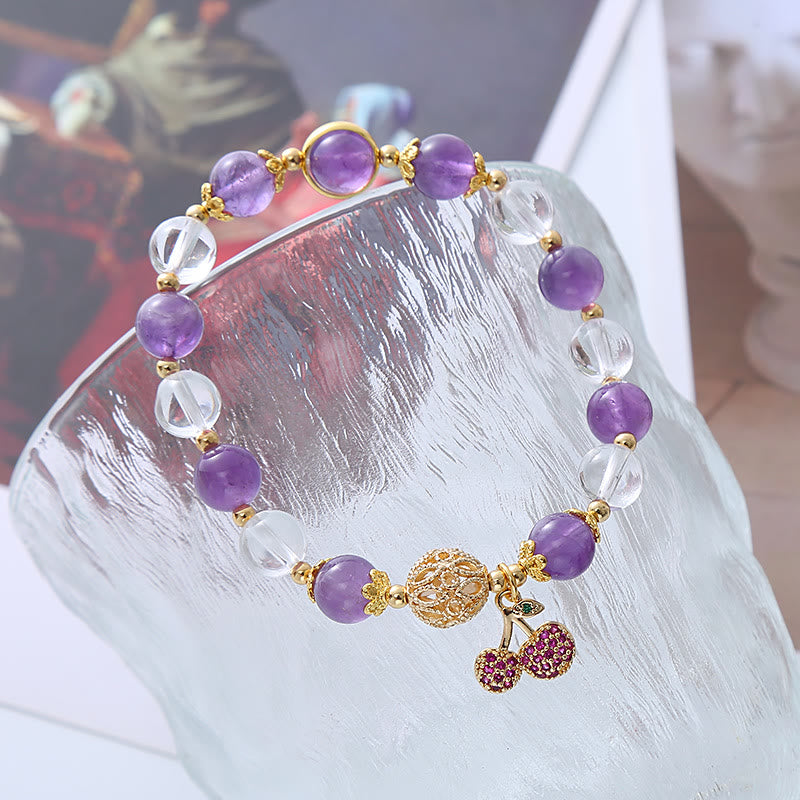 Buddha Stones天然アメジスト ホワイトクリスタル ポジティブチェリーチャームブレスレット