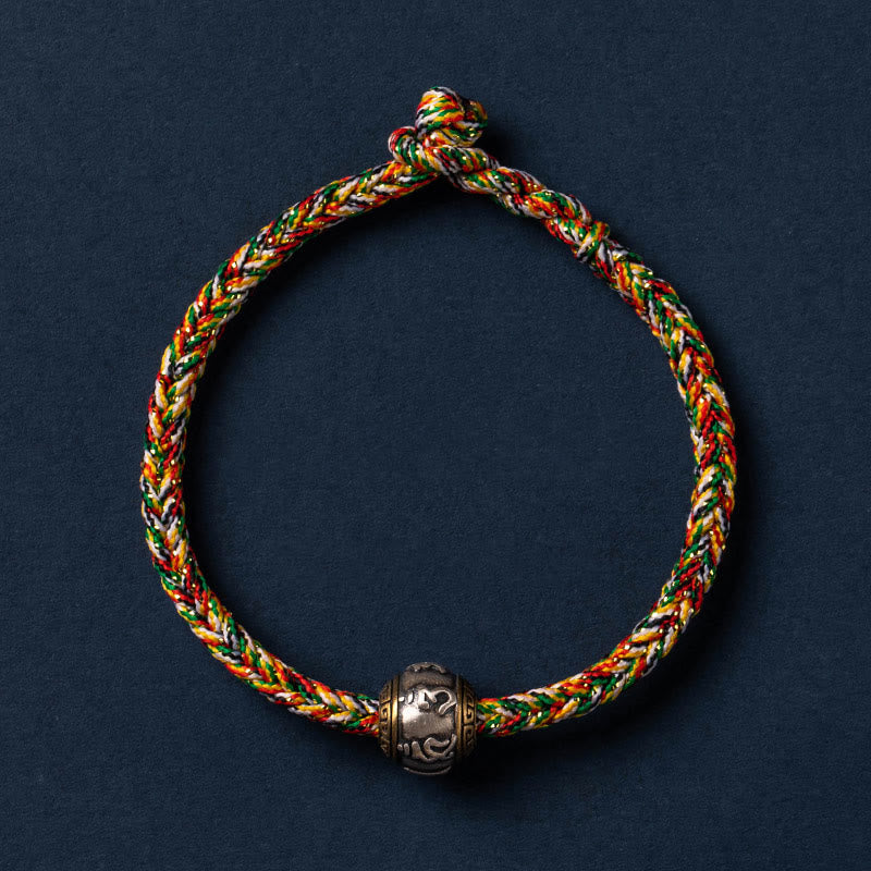 Buddha Stones925 スターリングシルバー チベット ハンドメイドオーム・マニ・パドメ・フム幸運の守護 キングコングノット 編み込みブレスレット