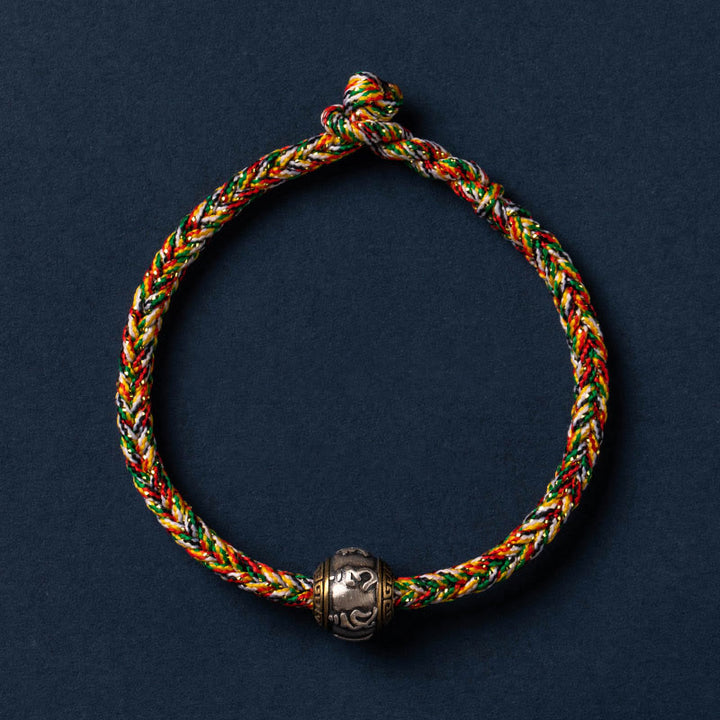 Buddha Stones925 スターリングシルバー チベット ハンドメイドオーム・マニ・パドメ・フム幸運の守護 キングコングノット 編み込みブレスレット