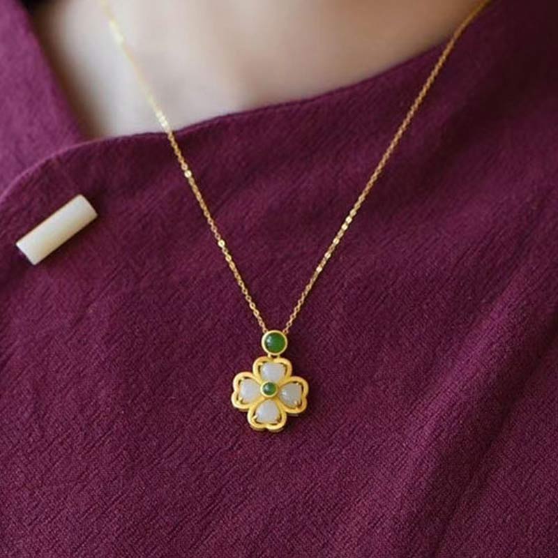 Buddha Stones925スターリングシルバー 幸運の四つ葉のクローバー 翡翠 繁栄のネックレスチェーンペンダント