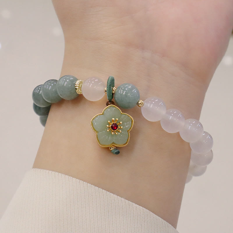 Buddha Stones白瑪瑙 翡翠 蓮の花 平和バックル 守護ブレスレット