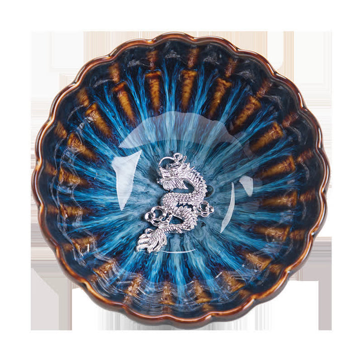 Buddha Stones蓮 金魚 縁起の良い龍 鳳凰 陶器 ティーカップ 象嵌 ティーカップ 130ml