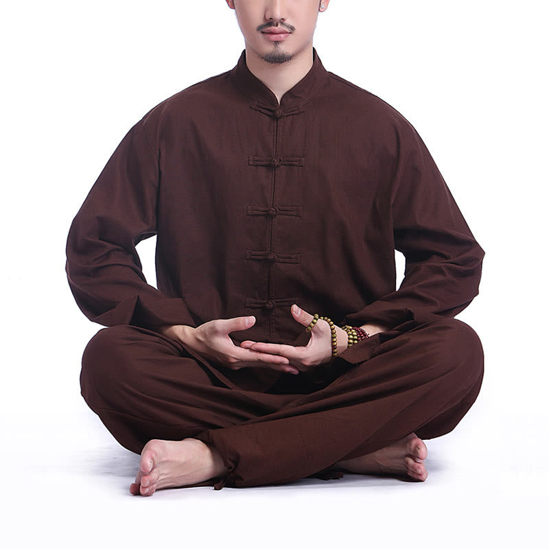 Buddha Stones中国風 カエル ボタンデザイン 瞑想 祈り コットン リネン スピリチュアル 禅 練習 ヨガ ウェア メンズ セット - ブラウン（長袖） - US/UK/AU44、 EU54 (3XL) - image 13