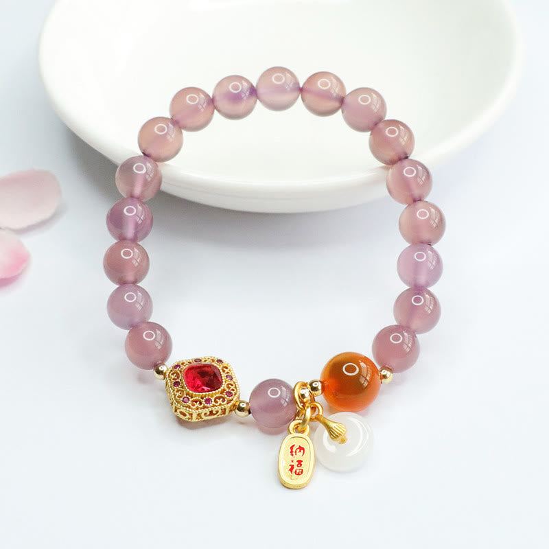 Buddha Stones天然パープルカルセドニー キャンディアゲート 平和バックル ハーモニー 幸運 幸運 チャーム ブレスレット