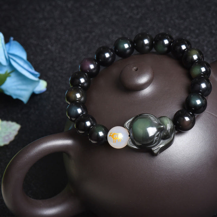 Buddha Stones天然レインボーオブシディアン ゴールドシーンオブシディアン シルバーシーンオブシディアン フォックスヒーリングブレスレット