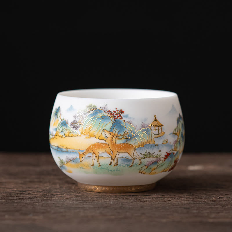 Buddha Stones、鳳凰、龍、蓮、鹿、古代建築、鯉、陶器のティーカップ、カンフーティーカップ