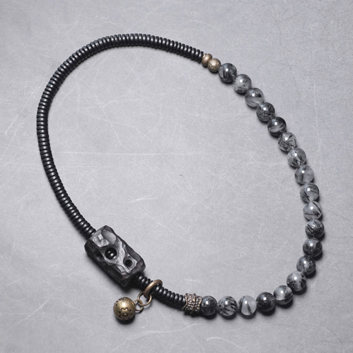 Buddha Stonesブラックルチルクォーツ 黒檀 木 銅 知恵 カップル ブレスレット