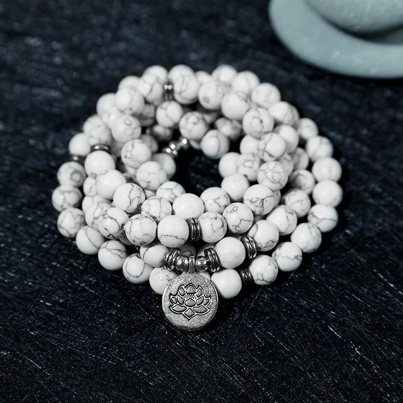 Buddha Stonesホワイトターコイズ ロータスMalaヒーリングブレスレット
