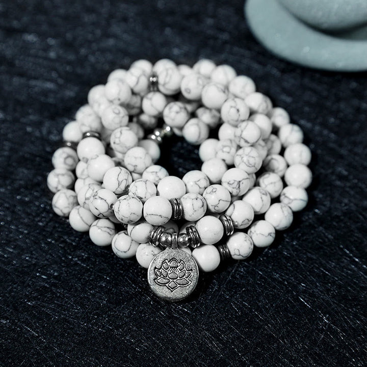 Buddha Stonesホワイトターコイズ ロータスMalaヒーリングブレスレット