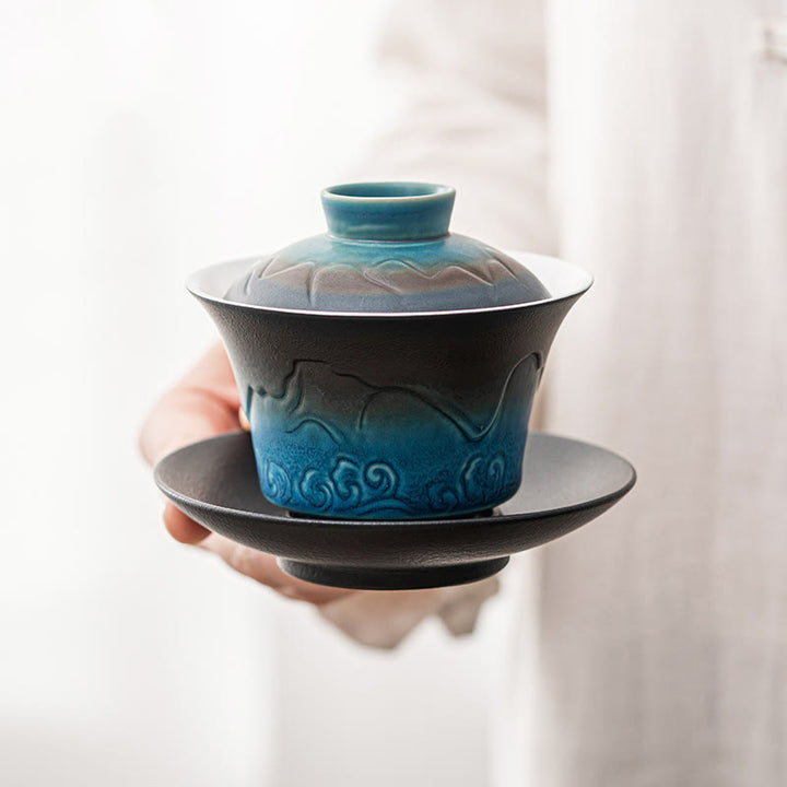 Buddha Stonesレトロブルーオーシャン海の波グラデーションセラミック蓋湾三彩ティーカップカンフーティーカップとソーサー蓋付き