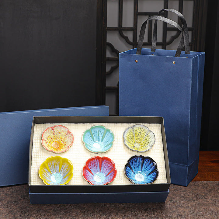 Buddha Stones6個 梅の花びら模様 中国 Jianzhan 窯変 陶器 ティーカップ カンフー ティーカップ ボウル ギフトボックス付き