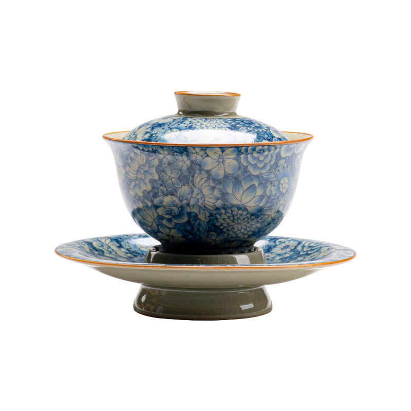 Buddha Stonesヴィンテージ青と白の磁器桃の花蓮牡丹セラミック蓋碗三彩ティーカップカンフーティーカップとソーサー蓋付き