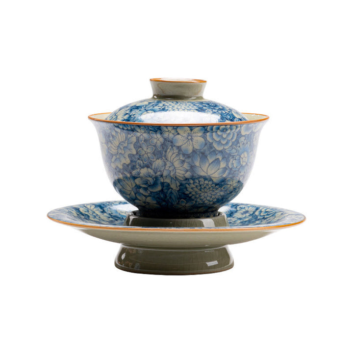Buddha Stonesヴィンテージ青と白の磁器桃の花蓮牡丹セラミック蓋碗三彩ティーカップカンフーティーカップとソーサー蓋付き