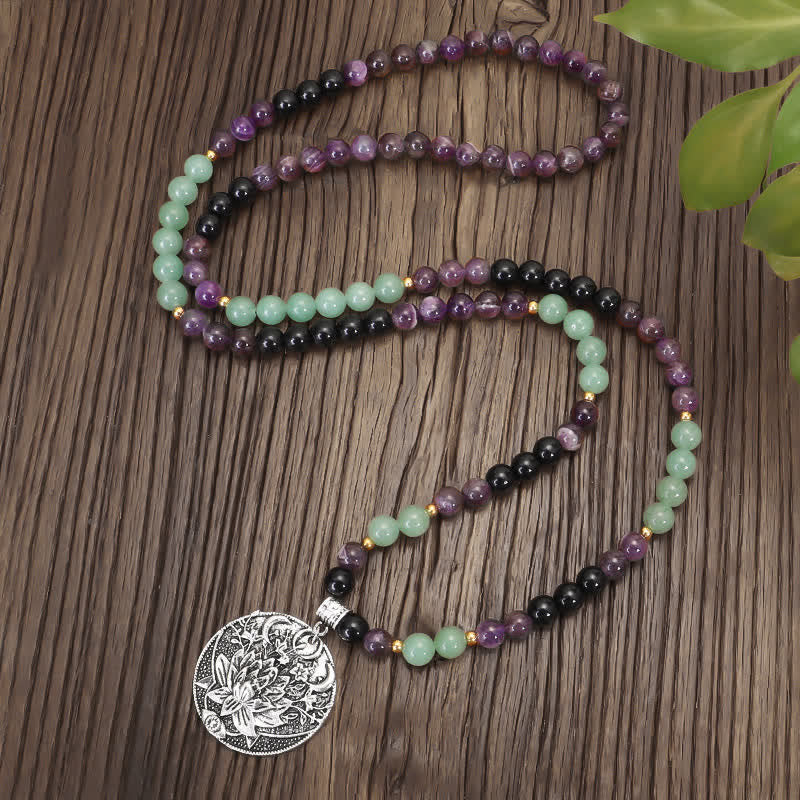 Buddha Stones 108Malaビーズ アメジスト グリーン アベンチュリン ロータス 瞑想ブレスレット