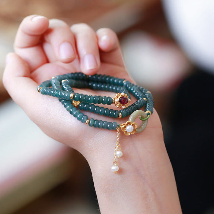 Buddha Stones 925スターリングシルバー ゴールドメッキ シアン翡翠フラワー ピースバックル 成功トリプルラップブレスレット