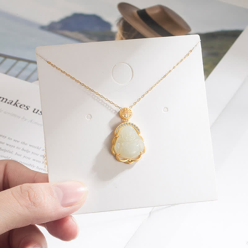 925スターリングシルバーの笑い仏、和田白翡翠の守護ネックレスペンダント - image 2