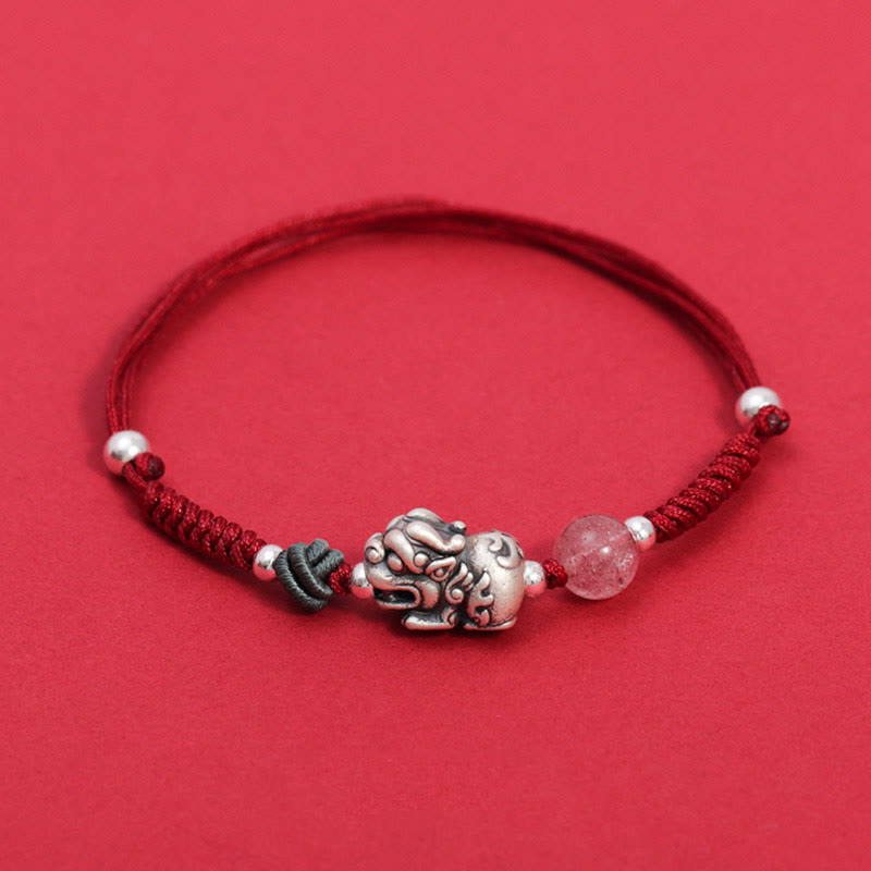 Buddha Stones 999スターリングシルバー PiXiu ストロベリークォーツビーズ 富と幸運の編み込みブレスレット