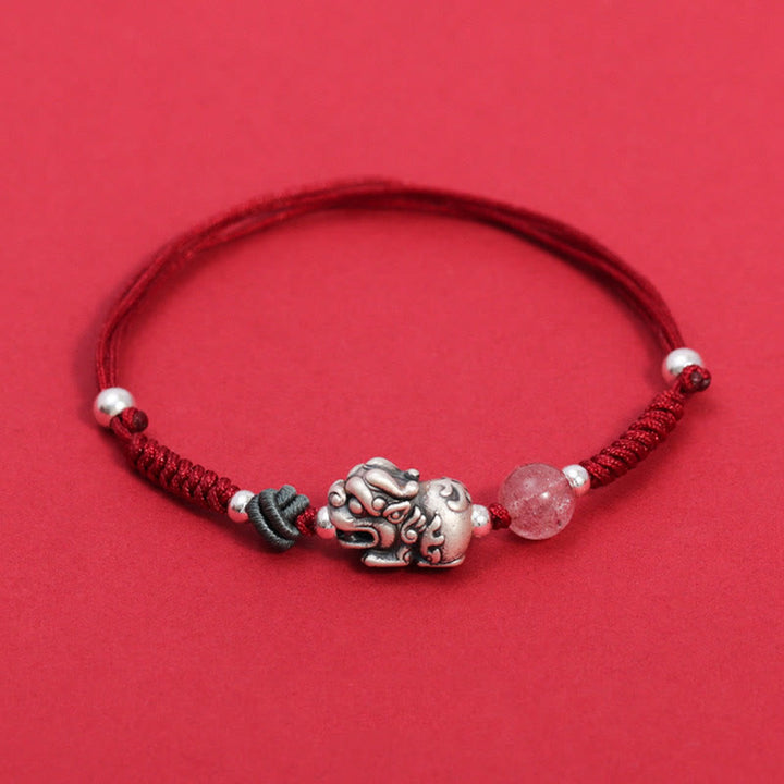 Buddha Stones 999スターリングシルバー PiXiu ストロベリークォーツビーズ 富と幸運の編み込みブレスレット