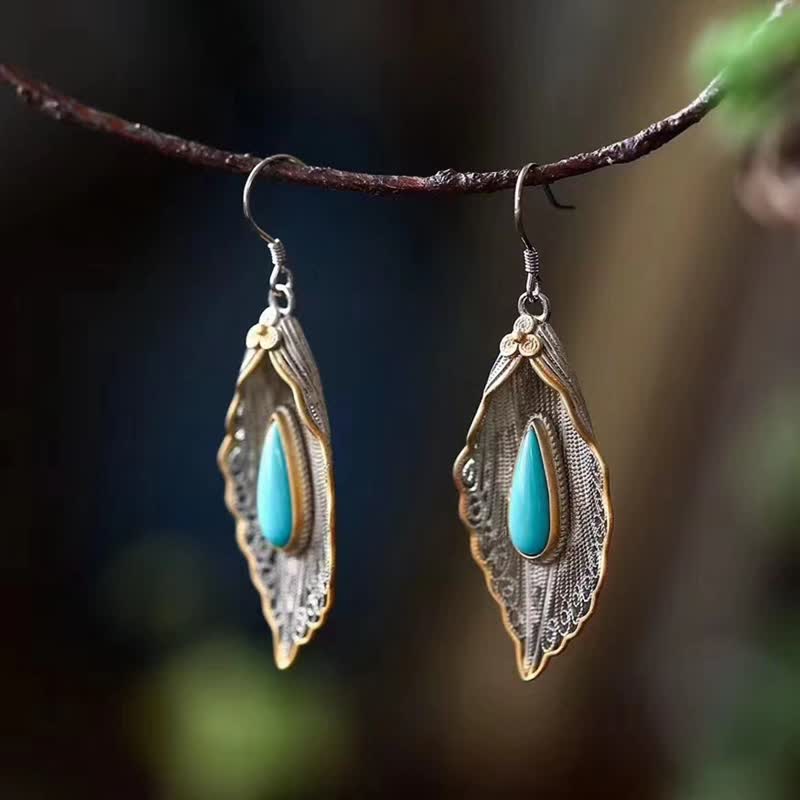 Buddha Stones925スターリングシルバー ターコイズ 菩提葉模様 保護ドロップダングルイヤリング