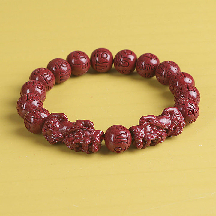 Buddha Stones天然 ダブル 貔貅 辰砂オーム・マニ・パドメ・フム富と幸運のビーズブレスレット