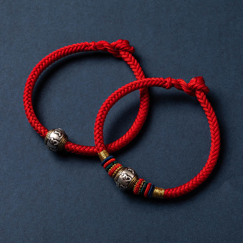 Buddha Stones925 スターリングシルバー チベット ハンドメイドオーム・マニ・パドメ・フム幸運の守護 キングコングノット 編み込みブレスレット