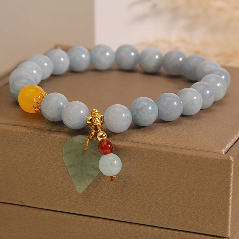 Buddha Stonesアクアマリン 翡翠の葉 ヒーリングチャームブレスレット