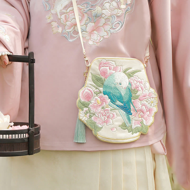 Buddha Stonesと幸運の刺繍、蓮と鯉とウサギの花の漢服バッグ、斜め掛けバッグ、ショルダーバッグ