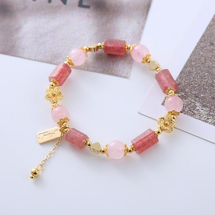 Buddha Stonesストロベリークォーツ ピンククリスタル ラブハートフラワー ポジティブブレスレット