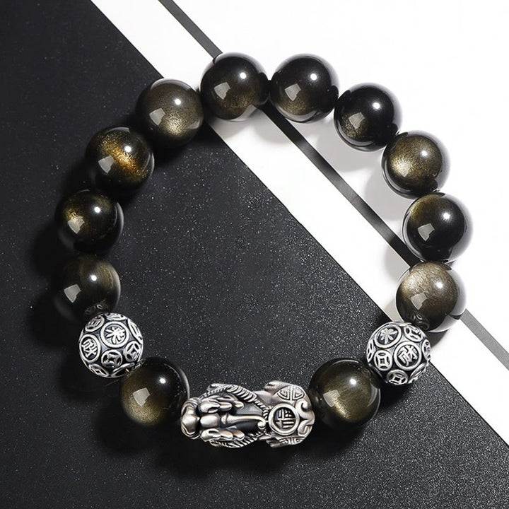 Buddha Stones925スターリングシルバー 天然ゴールド 光沢 黒曜石 貔貅 富の守護ブレスレット