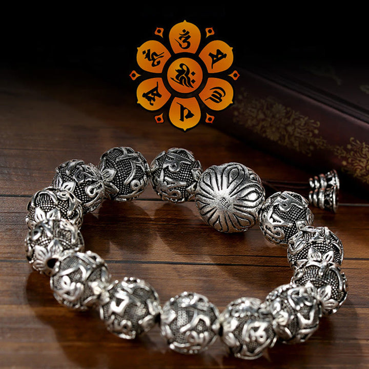 Buddha StonesチベットOm Mani Padme Hum彫刻 合金ビーズ お守り ブレスレット
