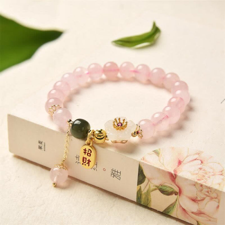 Buddha Stones天然ピンククリスタル翡翠フラワー 温かみのある愛のブレスレット