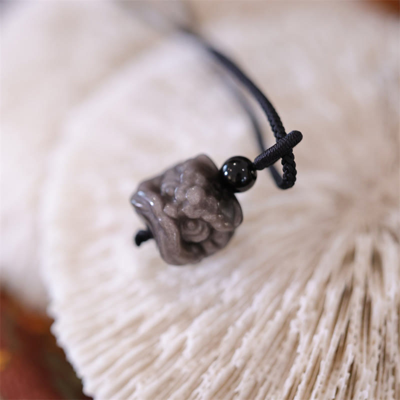 Buddha Stones天然銀光沢黒曜石踊るライオン守護ネックレスペンダント