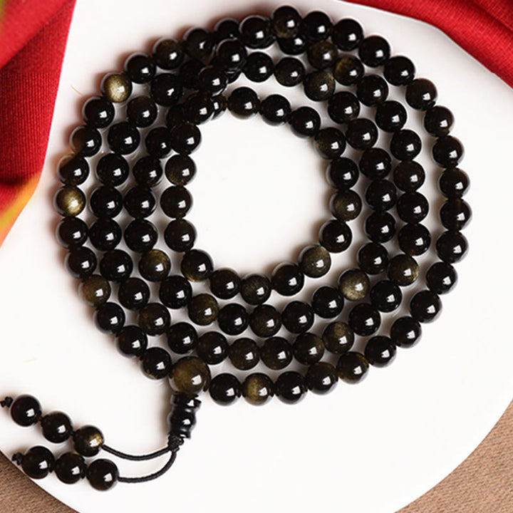Buddha Stones 108Malaビーズ 天然ゴールド 光沢 黒曜石 富のブレスレット