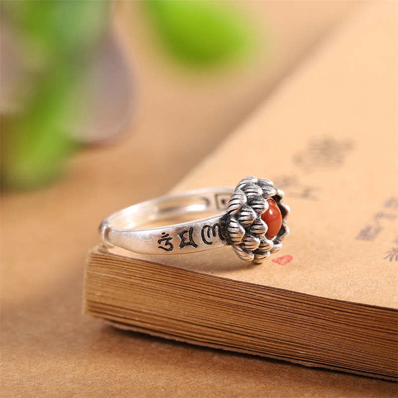 Buddha Stones 925スターリングシルバー ロータスレッドアゲート 自信の祝福リング