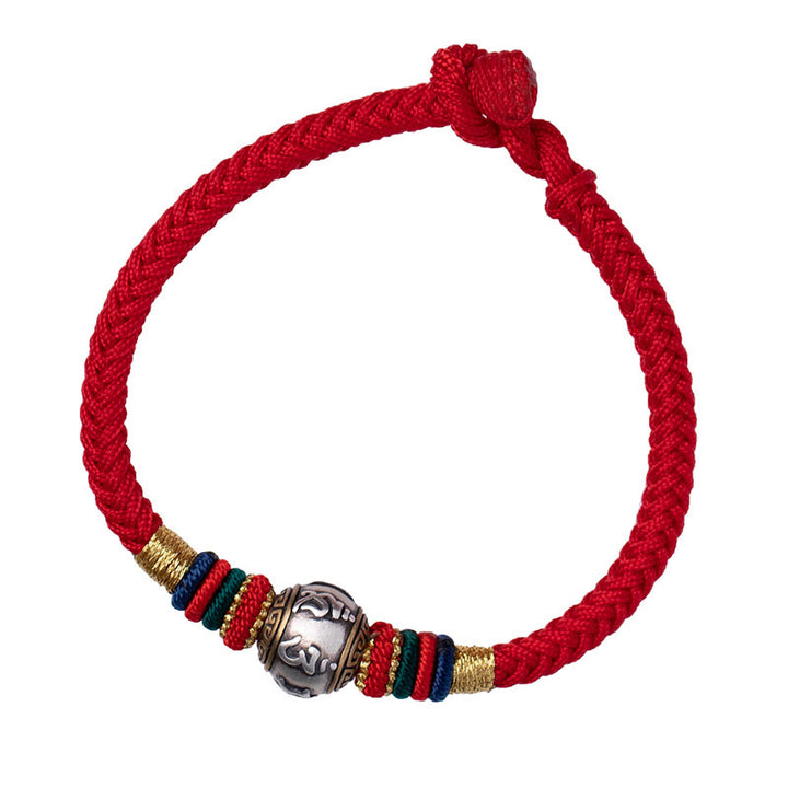 Buddha Stones925 スターリングシルバー チベット ハンドメイドオーム・マニ・パドメ・フム幸運の守護 キングコングノット 編み込みブレスレット