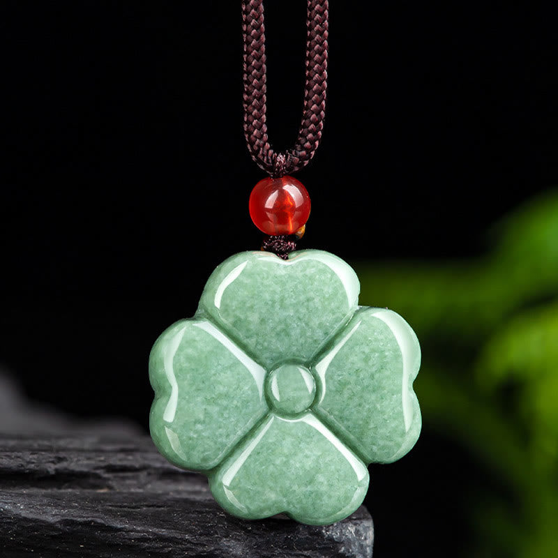 Buddha Stones天然幸運四つ葉のクローバー翡翠繁栄ネックレスペンダント