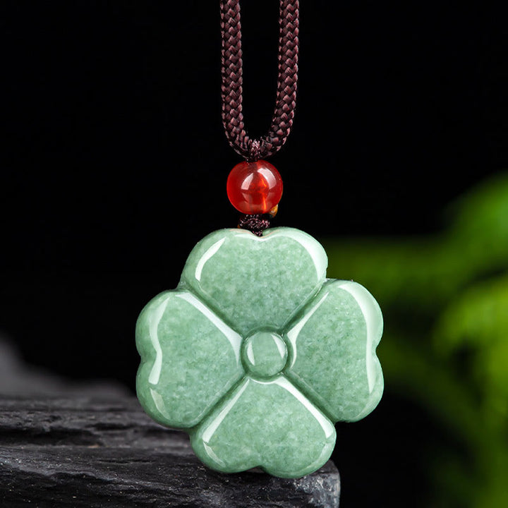 Buddha Stones天然幸運四つ葉のクローバー翡翠繁栄ネックレスペンダント