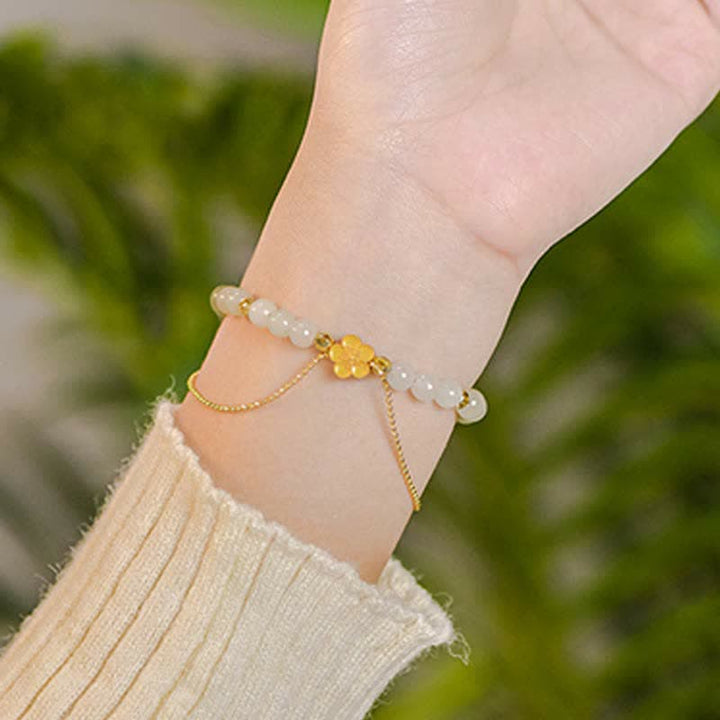 Buddha Stones 925スターリングシルバー 天然和田翡翠 桃の花 幸運のチェーンブレスレット