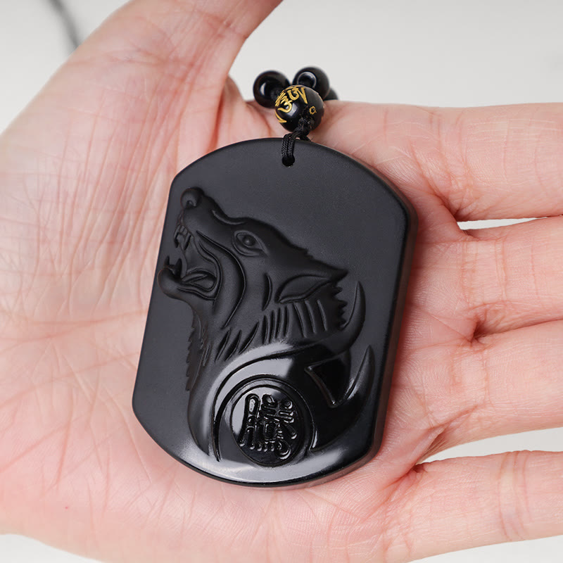 Buddha Stones黒曜石 ウルフ浄化ペンダントネックレス