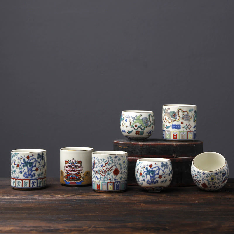 Buddha Stonesヴィンテージ 梅の花 松 竹 鳳凰 麒麟 獅子舞 陶器 ティーカップ ティーカップ