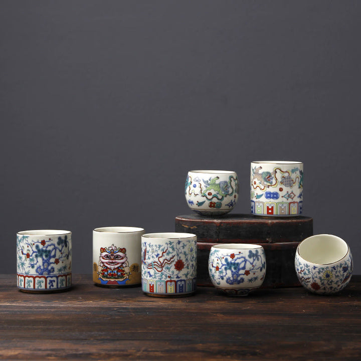 Buddha Stonesヴィンテージ 梅の花 松 竹 鳳凰 麒麟 獅子舞 陶器 ティーカップ ティーカップ