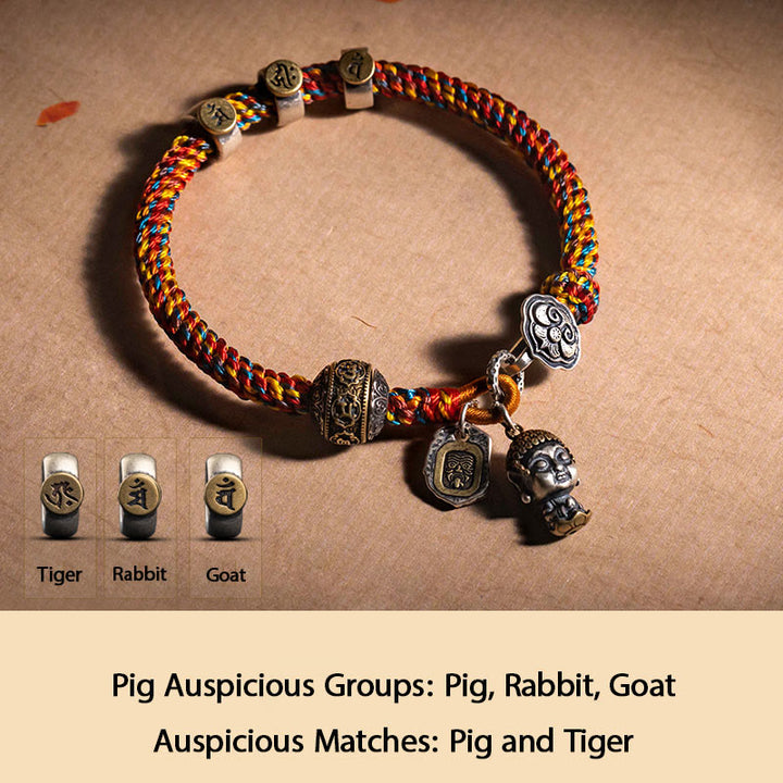 Buddha Stonesハンドメイド チベット 925 スターリングシルバー十二支誕生仏ザキラム 富の守護女神 マルチカラー ロープ編みブレスレット