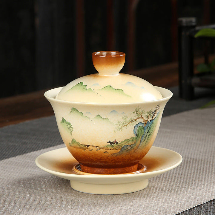 Buddha Stones山の風景 田舎 陶器 蓋碗 三彩 ティーカップ カンフー ティーカップ ソーサー 蓋付き - 11cm×10cm×100～130ml - image 0