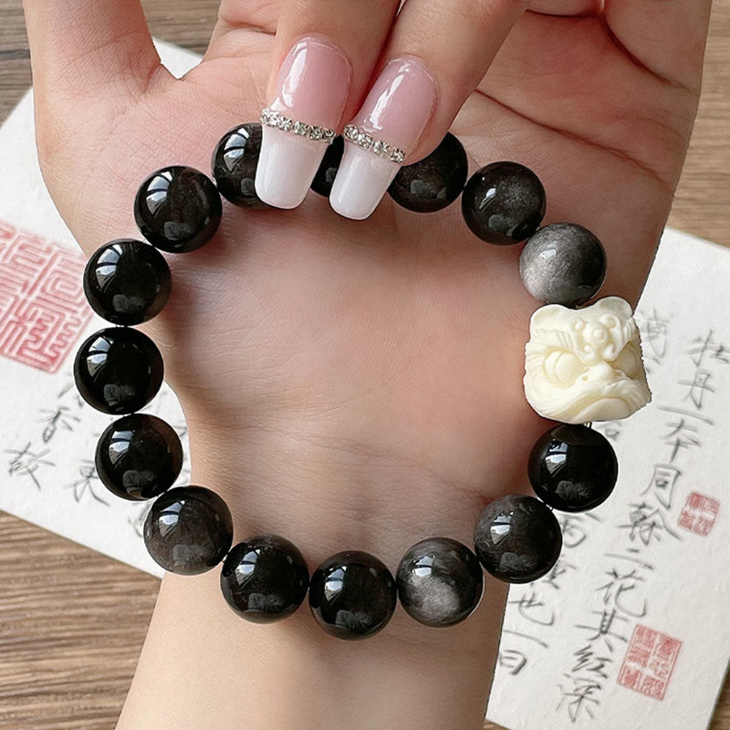 Buddha Stones銀の輝き 黒曜石 菩提樹の種 象牙 フルーツ ダンシングライオン 守護ブレスレット