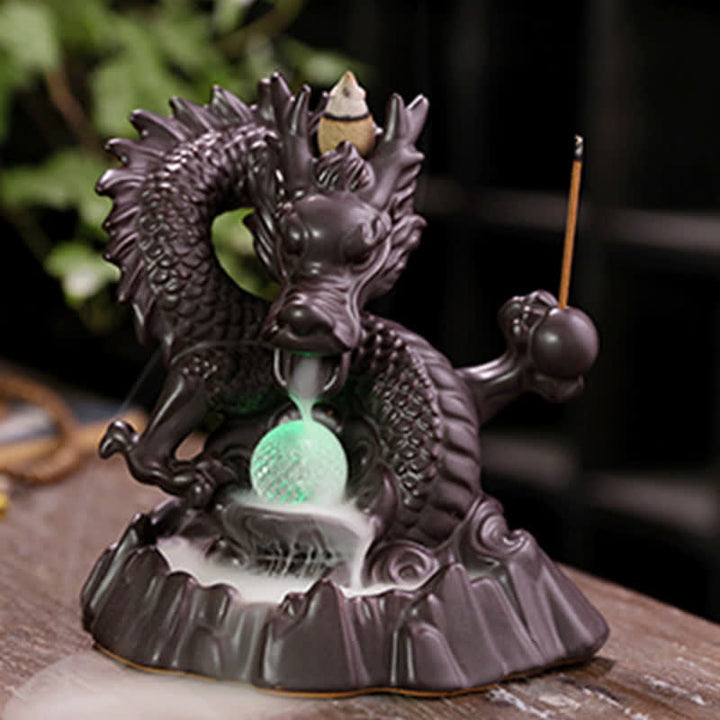 Buddha Stones縁起の良い龍 セラミック 逆流煙噴水 瞑想 癒し 香炉 LED ボール 装飾