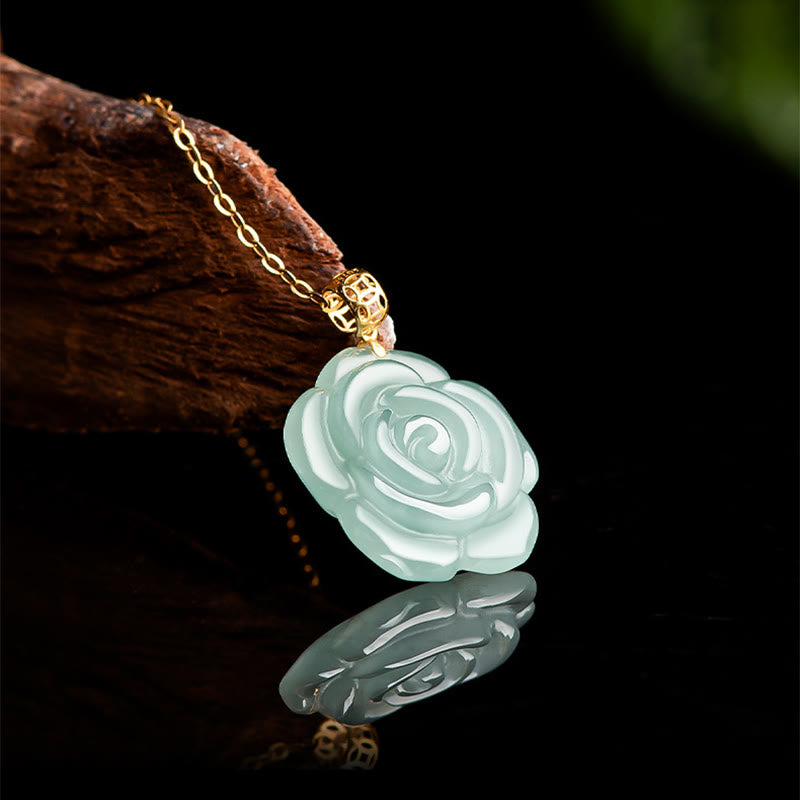 Buddha Stones18Kゴールド 925スターリングシルバー 天然翡翠 ローズ 幸運のネックレスペンダント