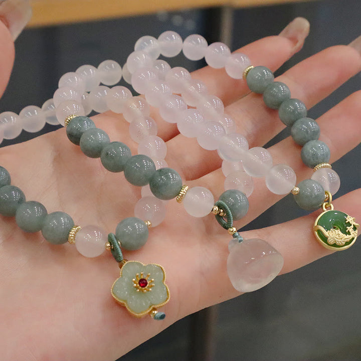 Buddha Stones白瑪瑙 翡翠 蓮の花 平和バックル 守護ブレスレット