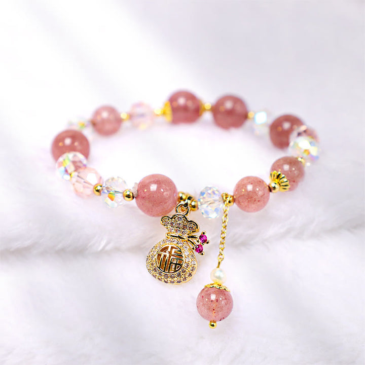 Buddha Stones 天然ストロベリークォーツ マネーバッグチャーム付き ポジティブブレスレット
